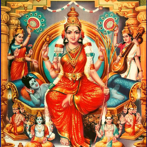 माँ त्रिपुर सुंदरी के मानक मूर्तिशास्त्रीय स्वरूप का एक चित्रण।