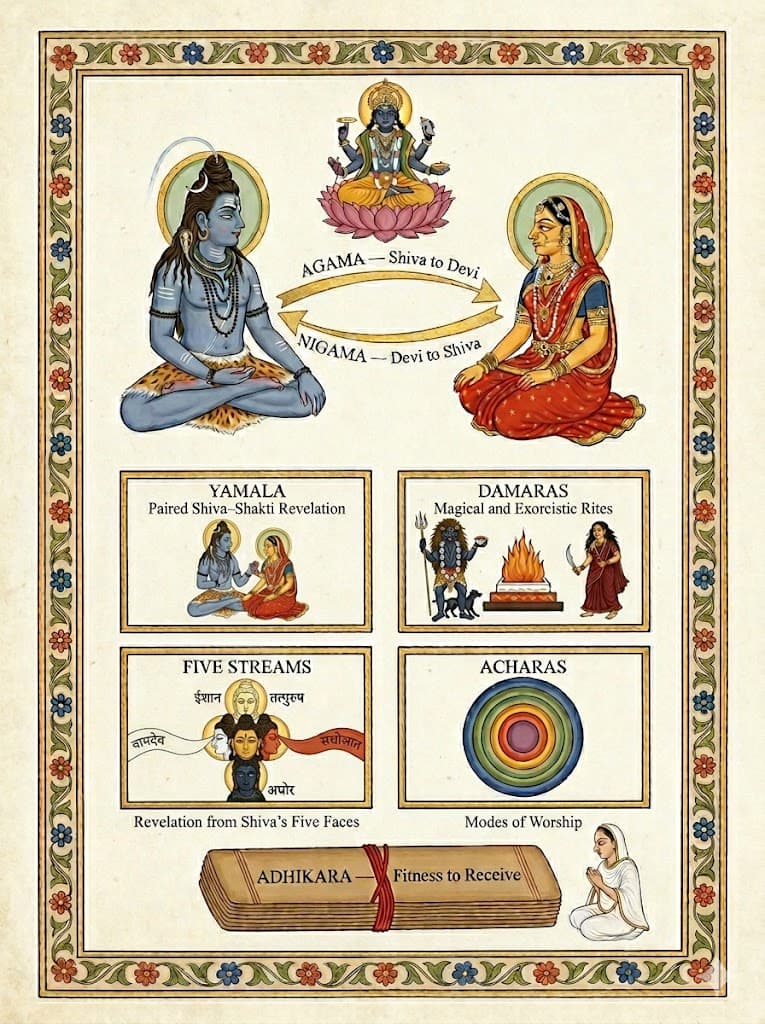 An AI-generated infographic explaining Tantric texts revealed as dialogues between Lord Shiva and Goddess Parvati.