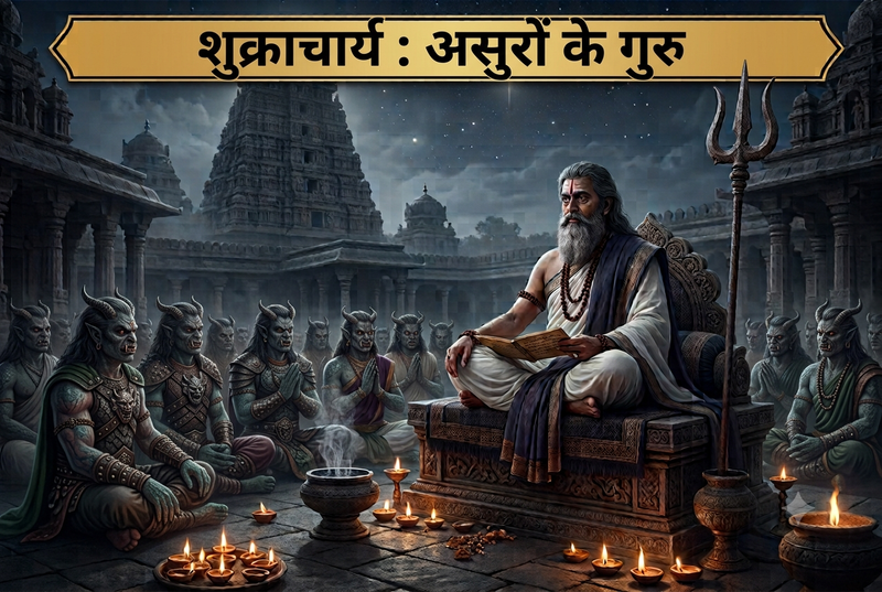 ए-आइ द्वारा निर्मित शुक्राचार्य का असुरों को शिक्षा देते हुए एक चित्र।
