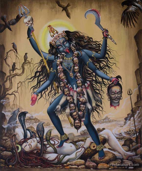 An illustration showcasing 4-armed Ma Kali standing atop Lord Shiva, who is lying flat on the ground.