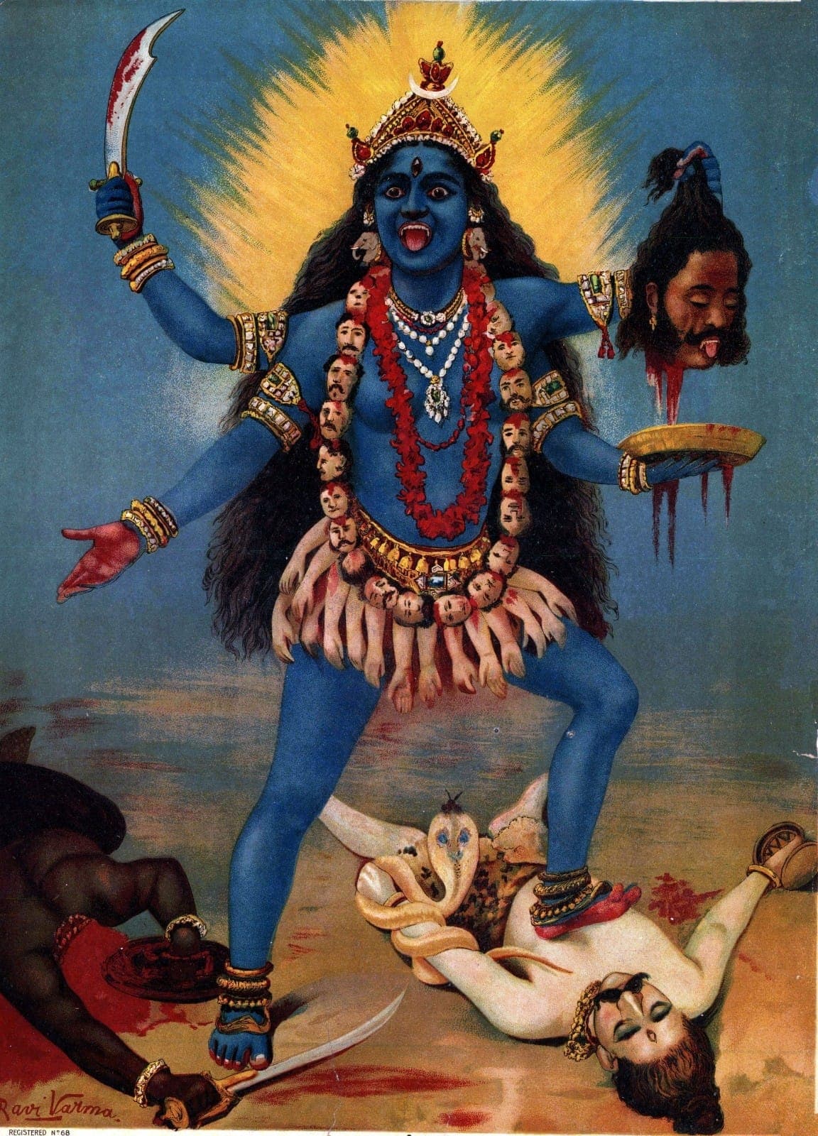 A famous painting of Ma Kali by late artist Raja Ravi Varma, showcasing Her iconography.
