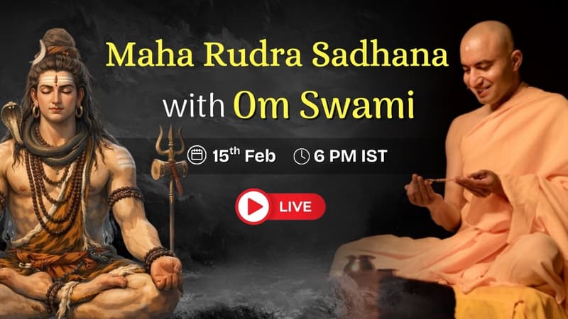 Image of Om Swami with details of Maha Rudra Sadhana live event on YouTube.