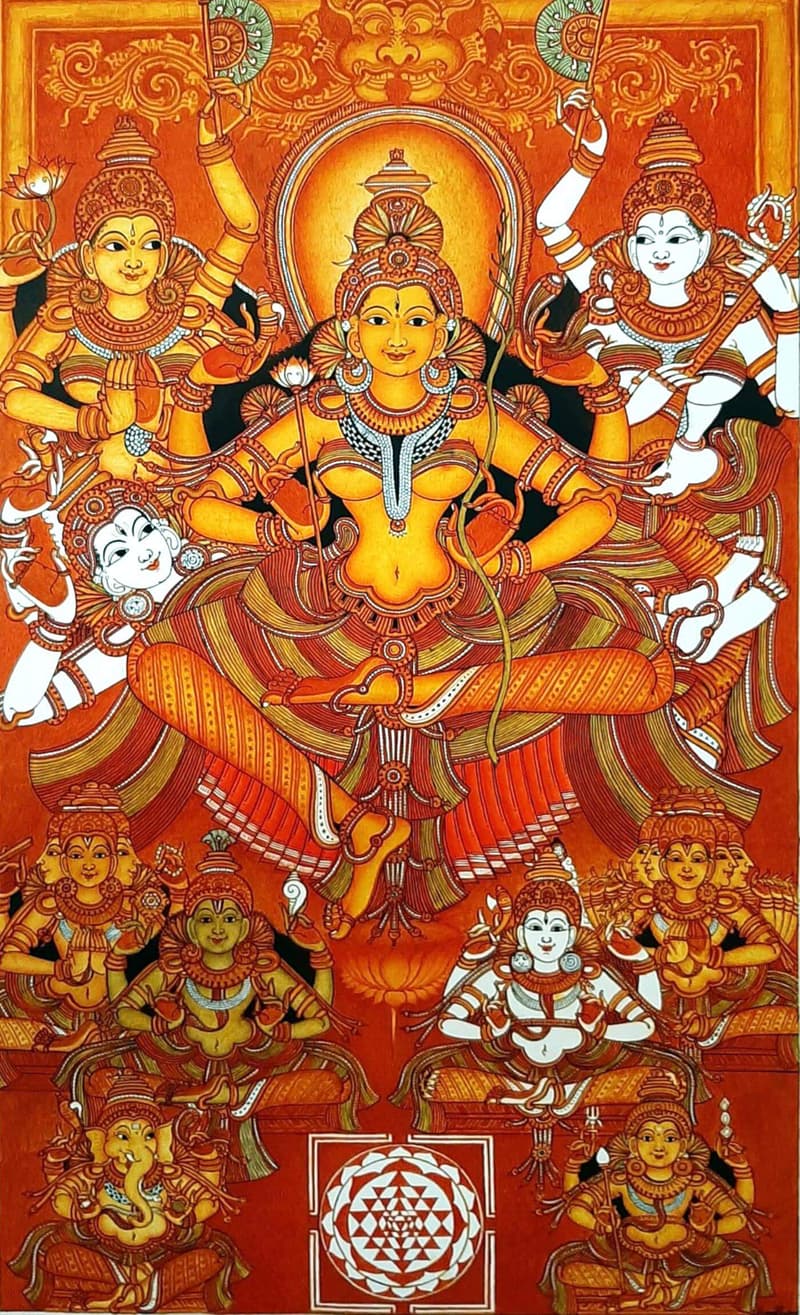 माँ त्रिपुर सुंदरी के पूर्ण मूर्तिशास्त्रीय स्वरूप का एक चित्रण।