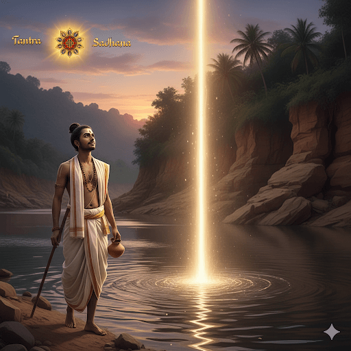 भागीरथी नदी से उद्भासित प्रकाश-किरण द्वारा मार्गदर्शित आत्माराम का एक ए.आई. द्वारा निर्मित चित्र।