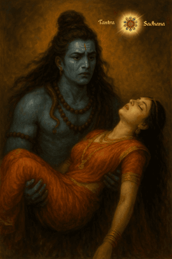 गहन विषाद से देवी सती के निष्प्राण शरीर को उठाए हुए भगवान शिव का एक ए.आई. द्वारा निर्मित चित्र।