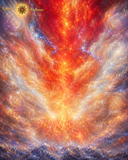 An AI-generated image of red energy descending upon a mountain.
