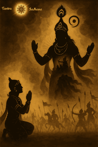 कुरुक्षेत्र युद्ध का एक कृत्रिम-बुद्धि द्वारा निर्मित कृष्ण-भूरे-श्याम वर्ण का चित्र, जिस���ें अग्रभूमि में अर्जुन घुटनों के बल बैठे हुए हैं और भगवान कृष्ण के समक्ष हाथ जोड़कर विनत हैं।