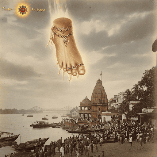 आदि गंगा नदी के समीप स्थित कालीघाट मन्दिर के स्थल पर देवी सती के गिरते हुए चरण-पात का एक ए.आई. द्वारा निर्मित चित्र।