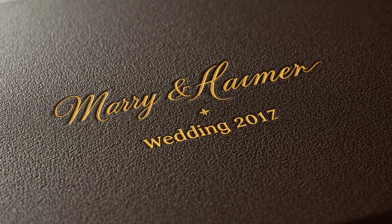 A close-up detail shot of a premium leather wedding album cover showcases elegantly embossed gold foil names and the wedding date, embodying a stylish keepsake for cherished memories from the special day. This exquisite album cover reflects the love story and precious moments captured in wedding photo albums.