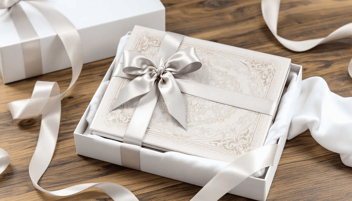 A beautifully packaged wedding album gift set featuring decorative elements and a luxurious ribbon, perfect for showcasing precious moments from the special day. This elegant presentation highlights the premium quality of the wedding photo album, making it a perfect keepsake for celebrating love stories.