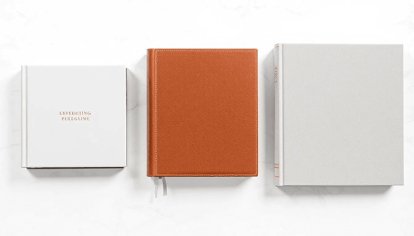 In this image, three different types of wedding photo albums are displayed side by side, showcasing their varying sizes and binding styles. Each album features a distinct cover design, highlighting options for premium quality materials, such as leather, and different layouts that cater to capturing precious moments from the wedding day.
