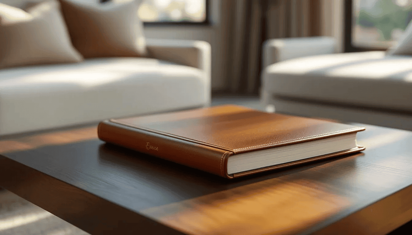 An elegant leather wedding album rests on a coffee table, illuminated by soft lighting, showcasing a premium quality design perfect for preserving precious moments from the special day. The album cover exudes sophistication, inviting viewers to explore the collection of wedding photos that capture the love story and memories of the big day.