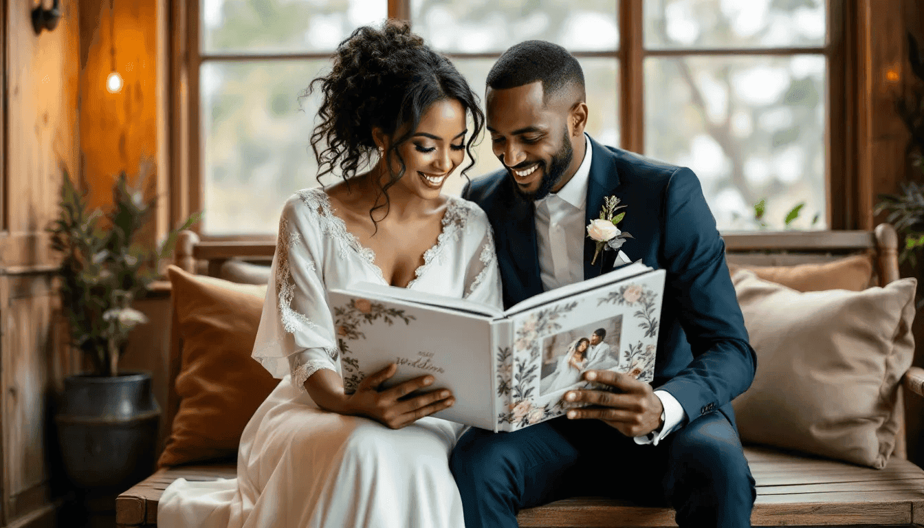 A couple sits closely together, their faces reflecting joy and nostalgia as they browse through their beautifully designed wedding photo album, capturing precious moments from their special day. The album, filled with elegant layouts and glossy finishes, serves as a perfect keepsake of their love story.