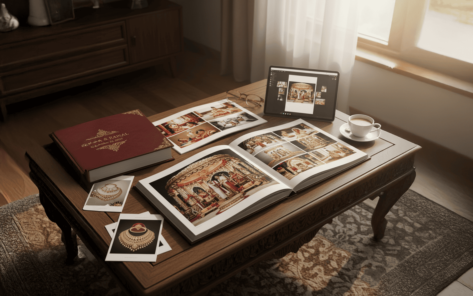 wedding album on table