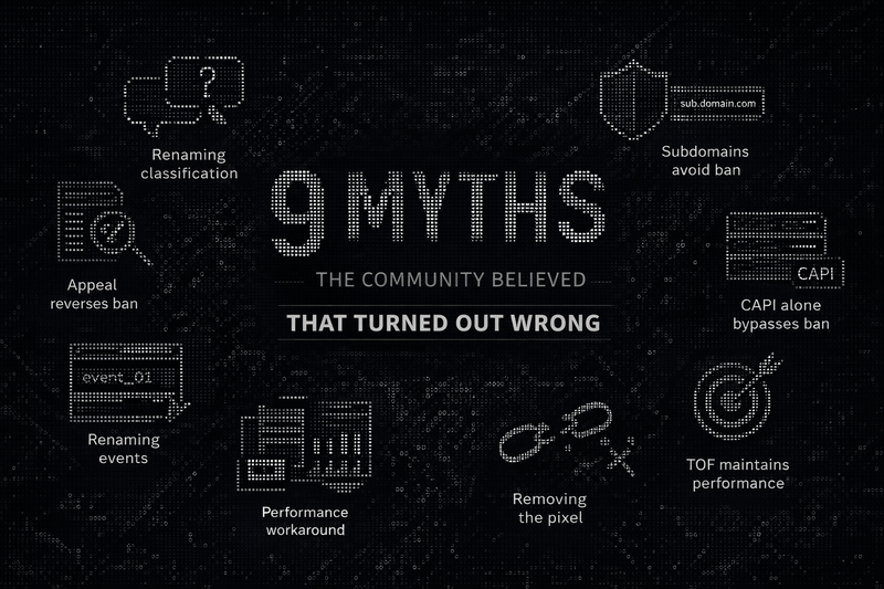 ASCII-style dark infographic on Meta health and wellness ad restrictions showing 9 common myths, including CAPI bypass, event renaming, subdomain workaround, and pixel removal, with a data-driven background representing server-side tracking, first-party data, and Meta conversion signal optimization.
