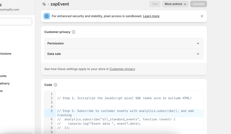 custom pixel code copied for checkout in shopify