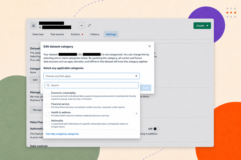 Screenshot from Events Manager showing the "Edit dataset category" modal with the full category list visible.
