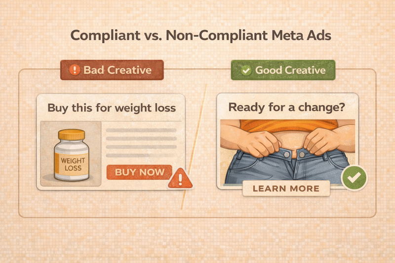 Side-by-side Meta Health & Wellness ad creative comparison showing a non-compliant weight-loss message versus a compliant, desire-led visual that avoids restricted health terminology.