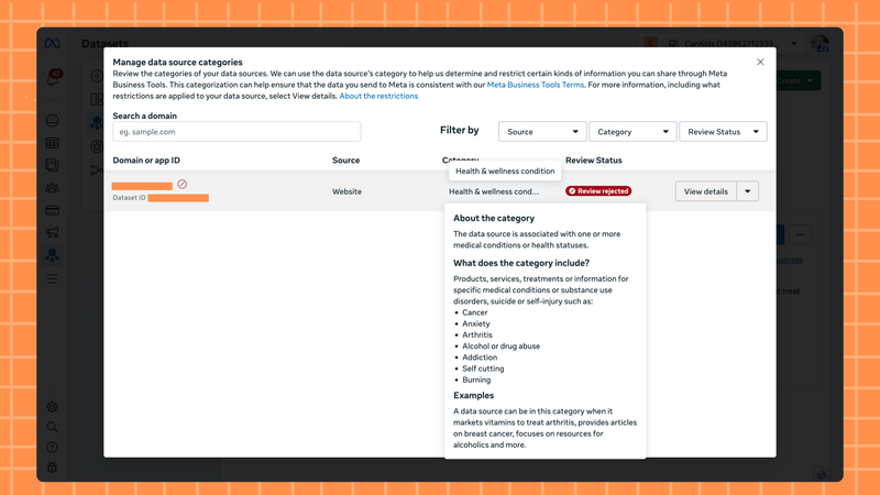 Screenshot of Meta's Result Details modal showing a rejected review decision with data sharing restrictions applied including EU data sharing blocked and standard events blocked in other regions.