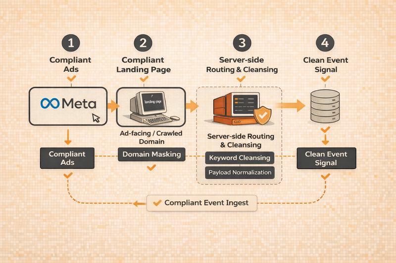 Diagram explaining how to run Meta Health & Wellness ads for medical weight loss without ads getting removed, showing a compliant tracking architecture where compliant Meta ads lead to a masked, crawled landing page, events are processed through server-side routing with keyword cleansing and payload normalization, and clean event signals are sent back to Meta to restore the optimization feedback loop.
