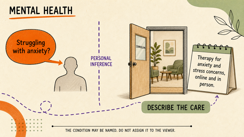 Mental-health ad-copy comparison separating a personal inference about anxiety from a description of available therapy.