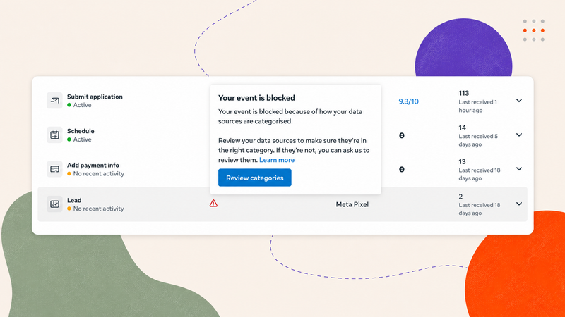 Meta Events Manager showing a “Your event is blocked” warning because the data source has been categorised as restricted.