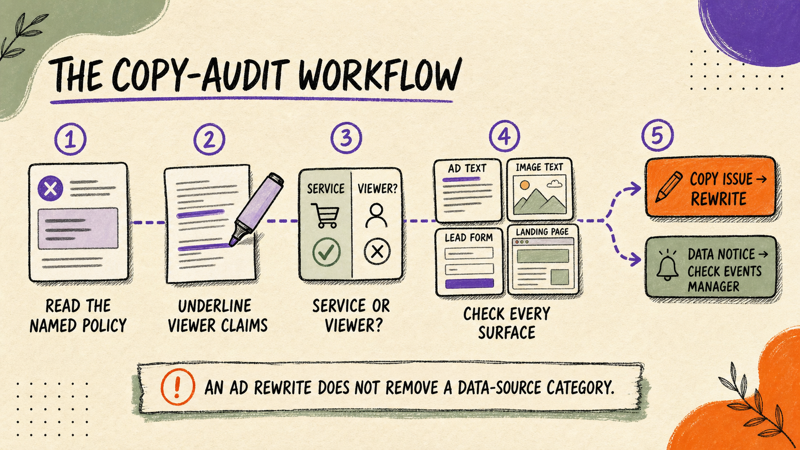 Five-step workflow for diagnosing personal-attributes copy and routing data-source notices to Events Manager.