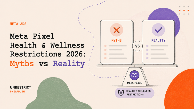 Meta pixel event blocked by a restriction wall, with data signals scattered and fragmented, illustrating how Meta health and wellness domain restrictions silently suppress conversion events while ads continue running