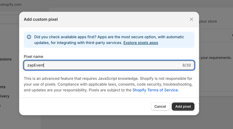 setting custom pixel name in shopify