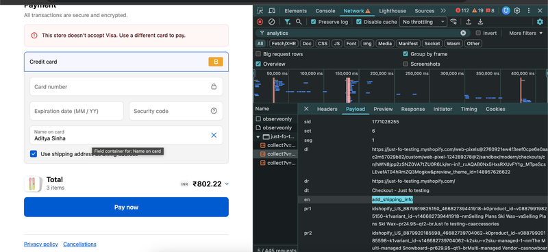 network request debugging for datalayer events