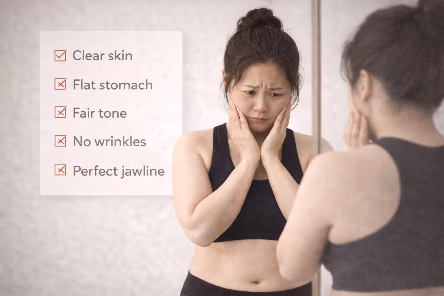 Example of Meta Health and Wellness Ads showing distasteful messaging that exploit insecurities to conform to certain beauty standards
