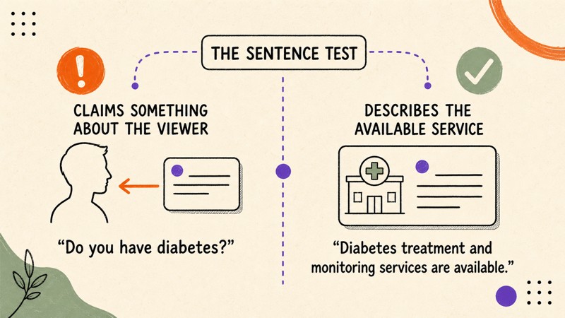 Two-column sentence test comparing a viewer-focused diabetes question with a service-focused treatment statement.