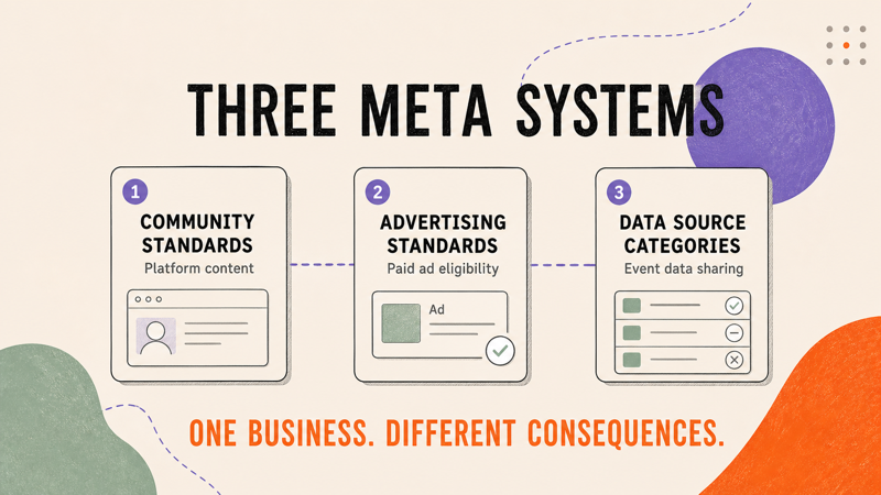 Screenshot or diagram showing the three layers stacked: Layer 1: Community Standards (platform-wide) Layer 2: Advertising Standards (paid ads) Layer 3: Data Source Classification (Events Manager) Each layer with a brief label showing what it evaluates and what it controls.