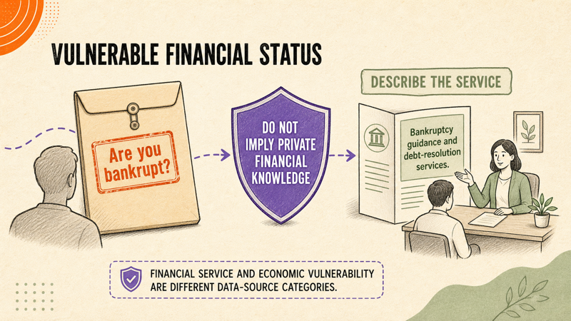 Privacy-shield illustration separating a bankruptcy claim about the viewer from a neutral description of debt-resolution services