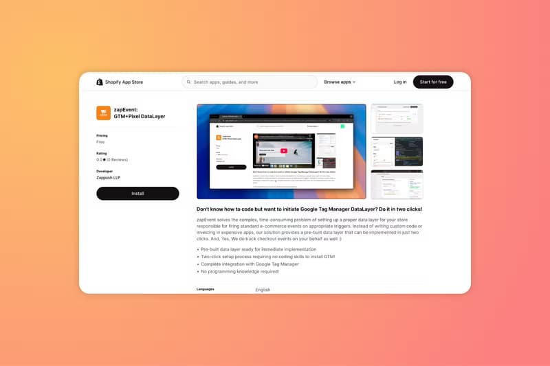 Cover Image of zapEvent: Free GTM+Pixel DataLayer tool for Shopify