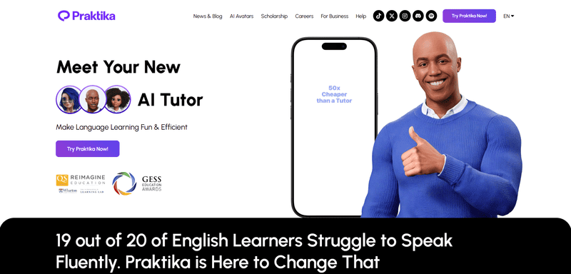 Praktika English speaking app homepage