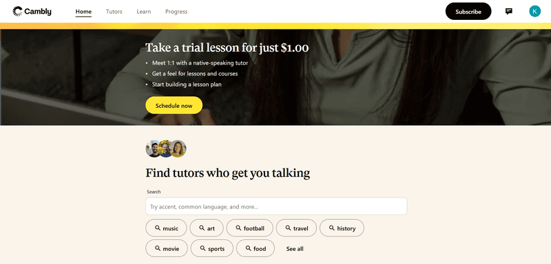 Cambly homepage with tutor search