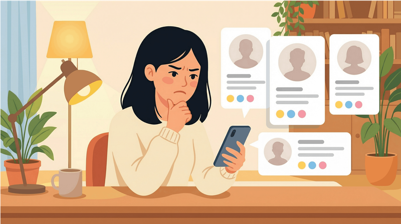 女生在dating app上浏览千篇一律的个人资料卡片