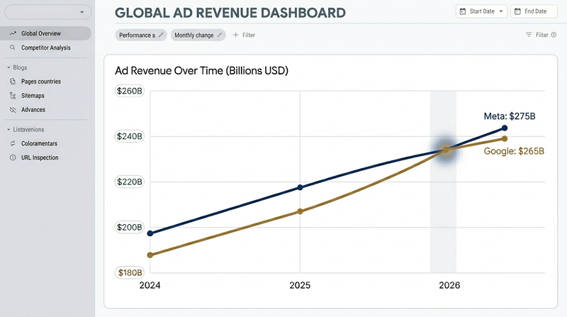 Line chart showing Meta projected to overtake Google in global ad revenue in 2026 with Meta at $243 billion and Google at $239 billion