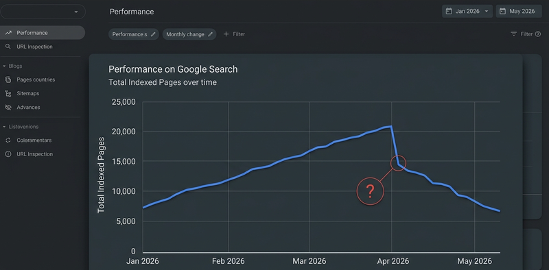 Google Search Console indexed pages graph showing a decline in early April 2026 representing increased URL deindexing reported by SEO professionals