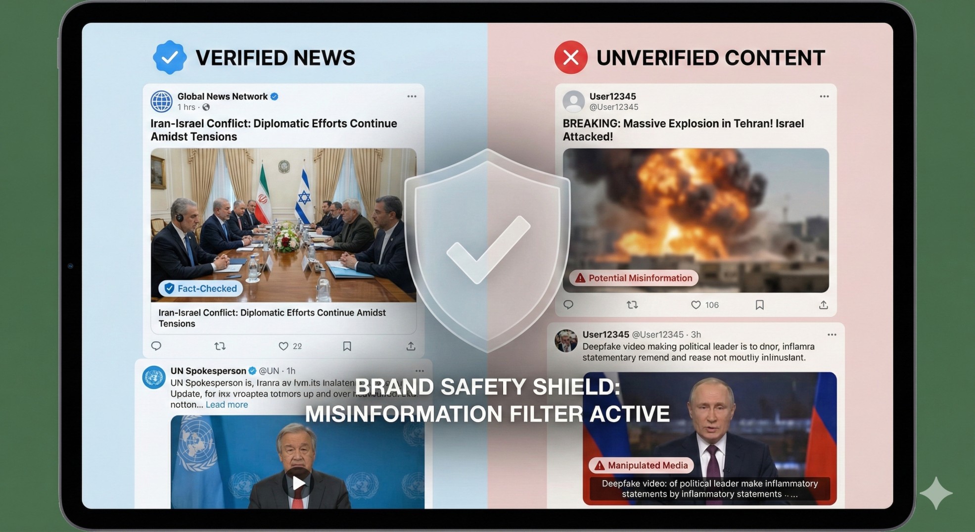 Social media feed showing AI-generated misinformation during the Iran-Israel conflict with brand safety warning labels