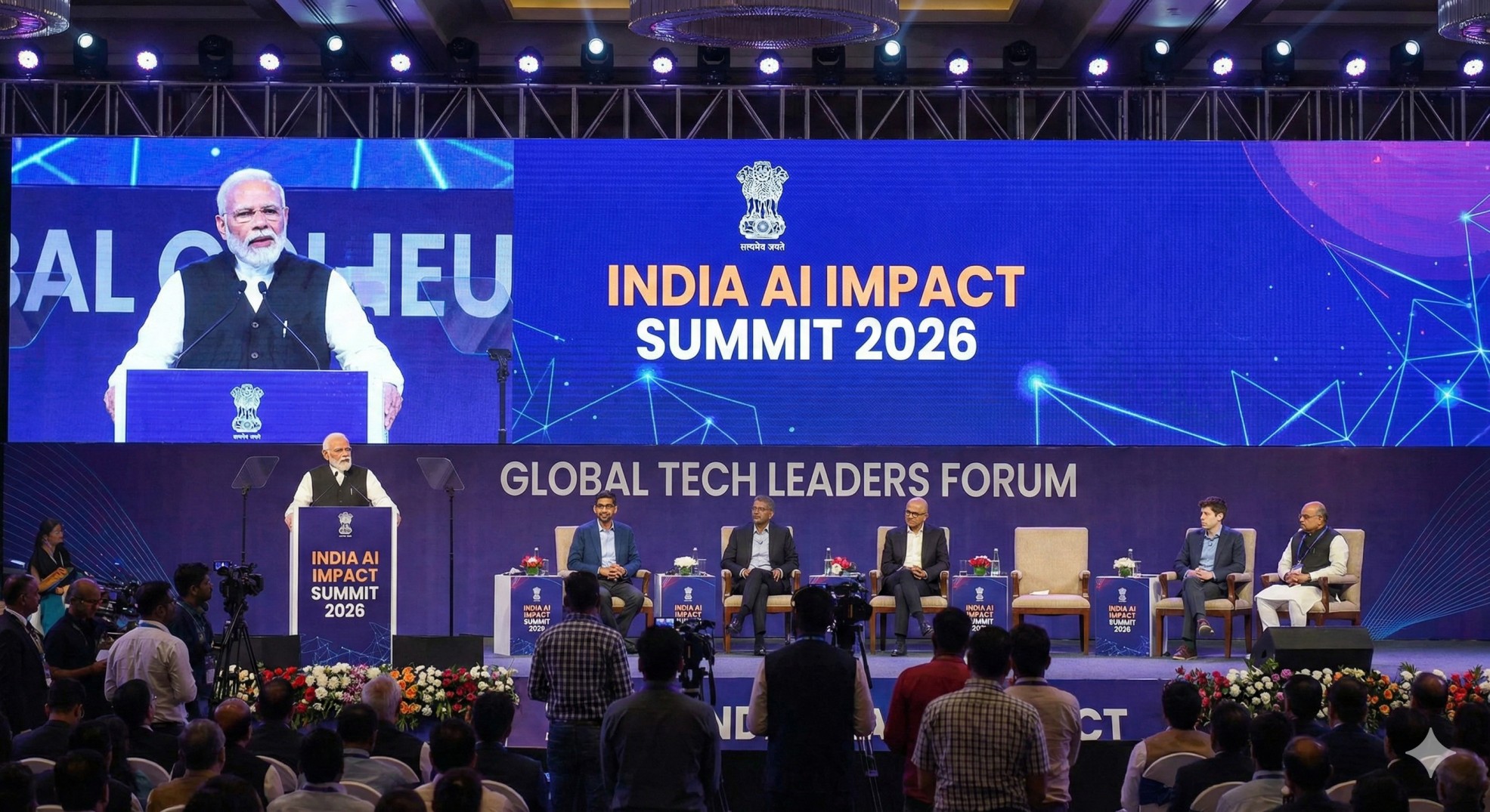 India AI Impact Summit 2026 stage with global tech leaders in New Delhi