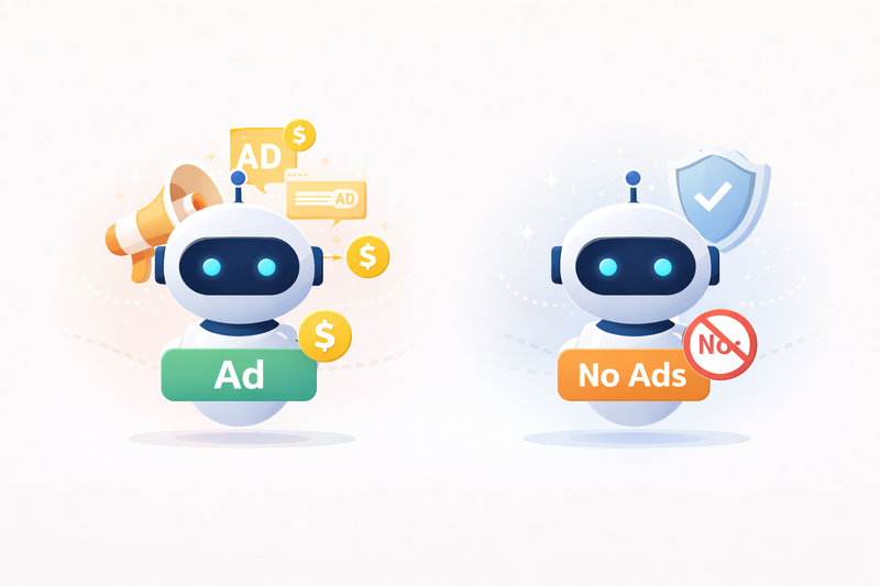 Comparison of AI chatbot monetization models showing ad-supported versus ad-free approaches