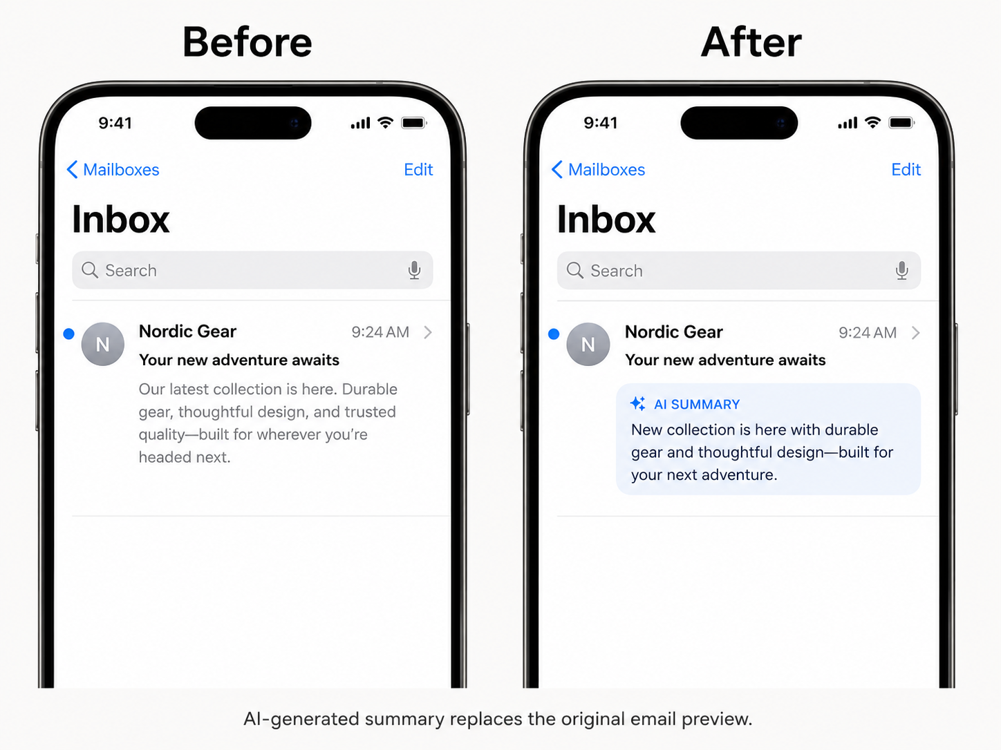 Mobile email inbox before and after showing Apple AI replacing brand preview text with an AI generated summary