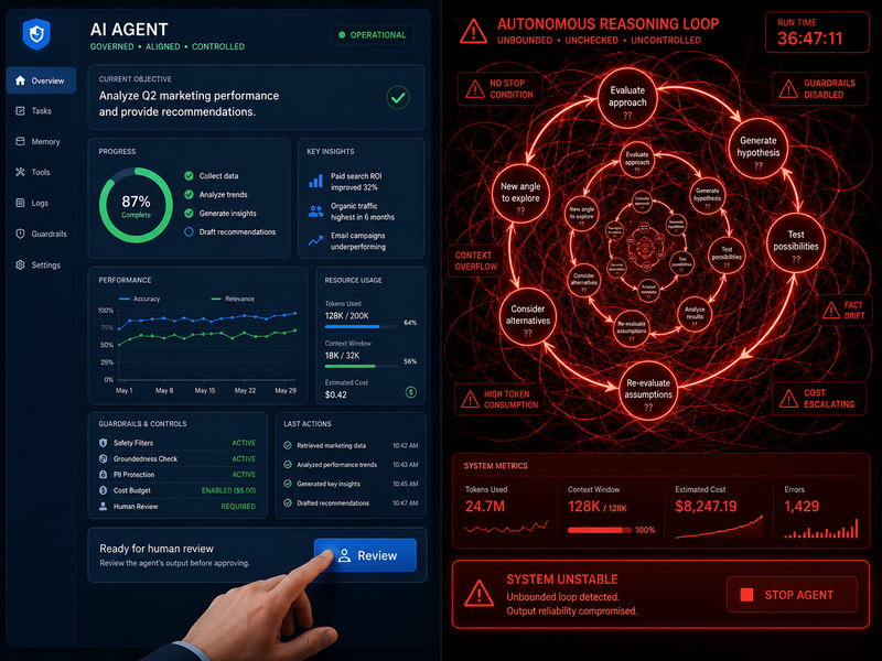 A conceptual illustration showing the difference between a successful, governed AI agent and a failing, unmanaged autonomous loop.