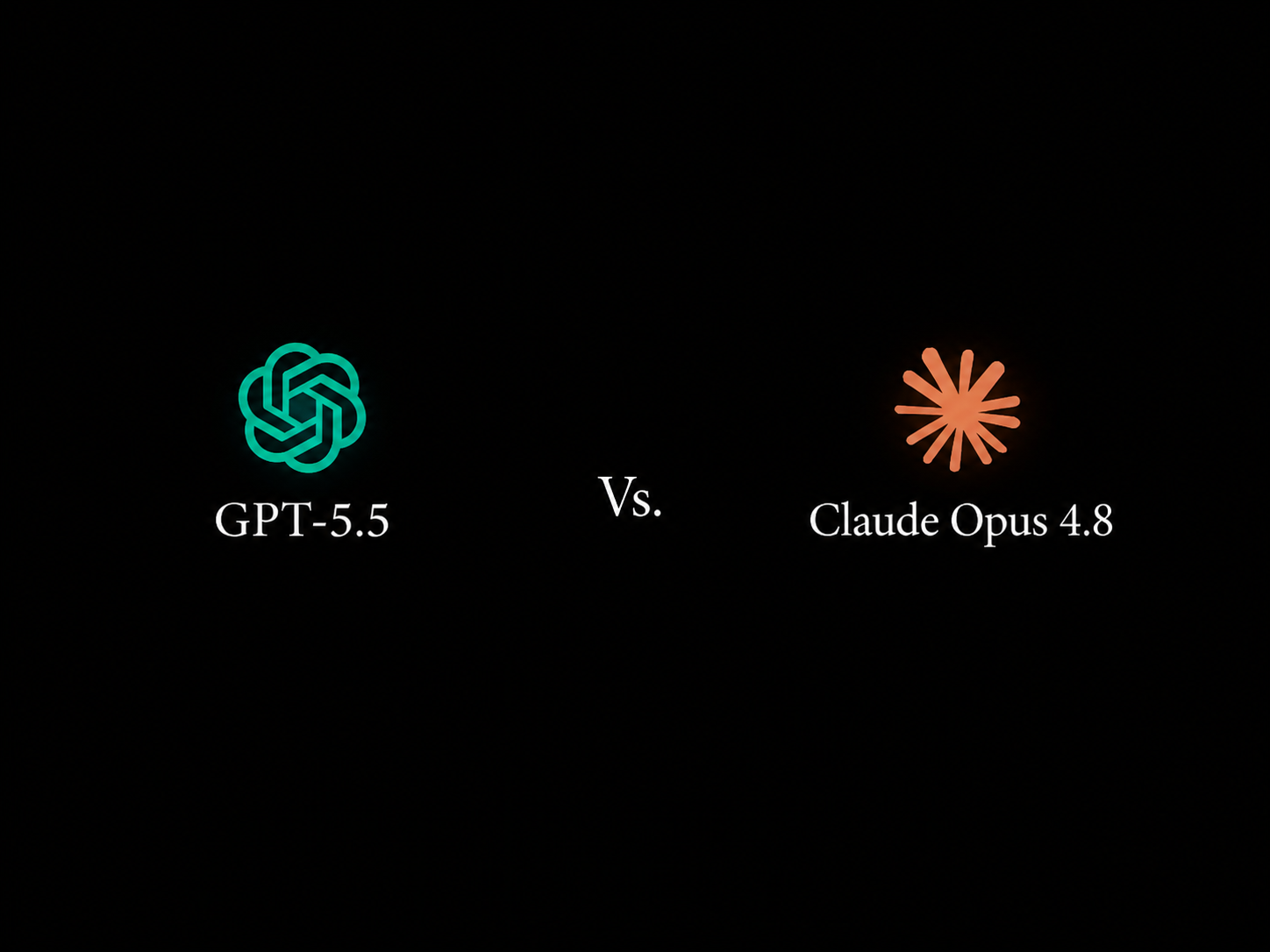 Minimal split-screen graphic for Claude Opus 4.8 vs GPT-5.5, showing two balanced glowing AI cores facing each other on a dark tech background.