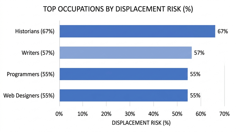 Bar chart showing AI job displacement risk by occupation with historians at 67 percent and writers at 57 percent from Tufts University 2026 study