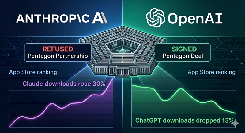 Graphic showing Anthropic refusing Pentagon deal while OpenAI signed it, with App Store rankings showing Claude overtaking ChatGPT after the controversy