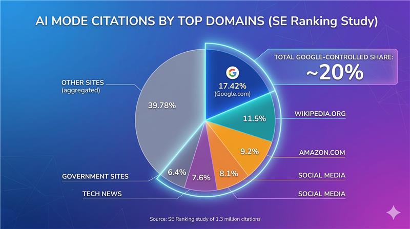 Pie chart showing Google as the top cited domain in AI Mode at 17.42 percent based on SE Ranking study of 1.3 million citations