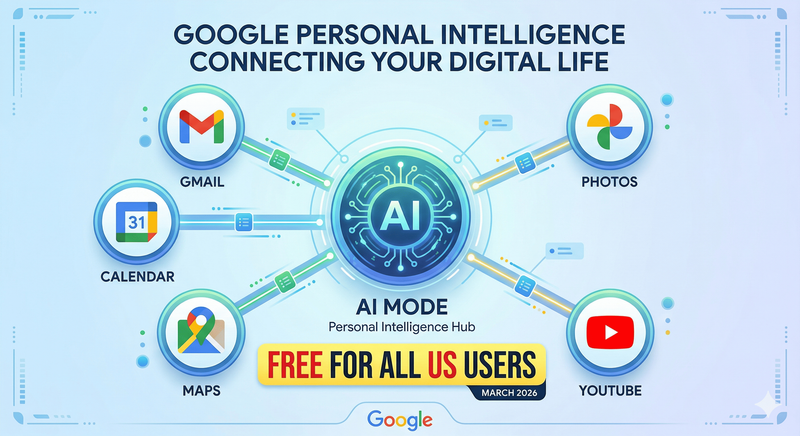 Google Personal Intelligence connecting Gmail Photos Calendar Maps and YouTube to AI Mode now free for all US users March 2026